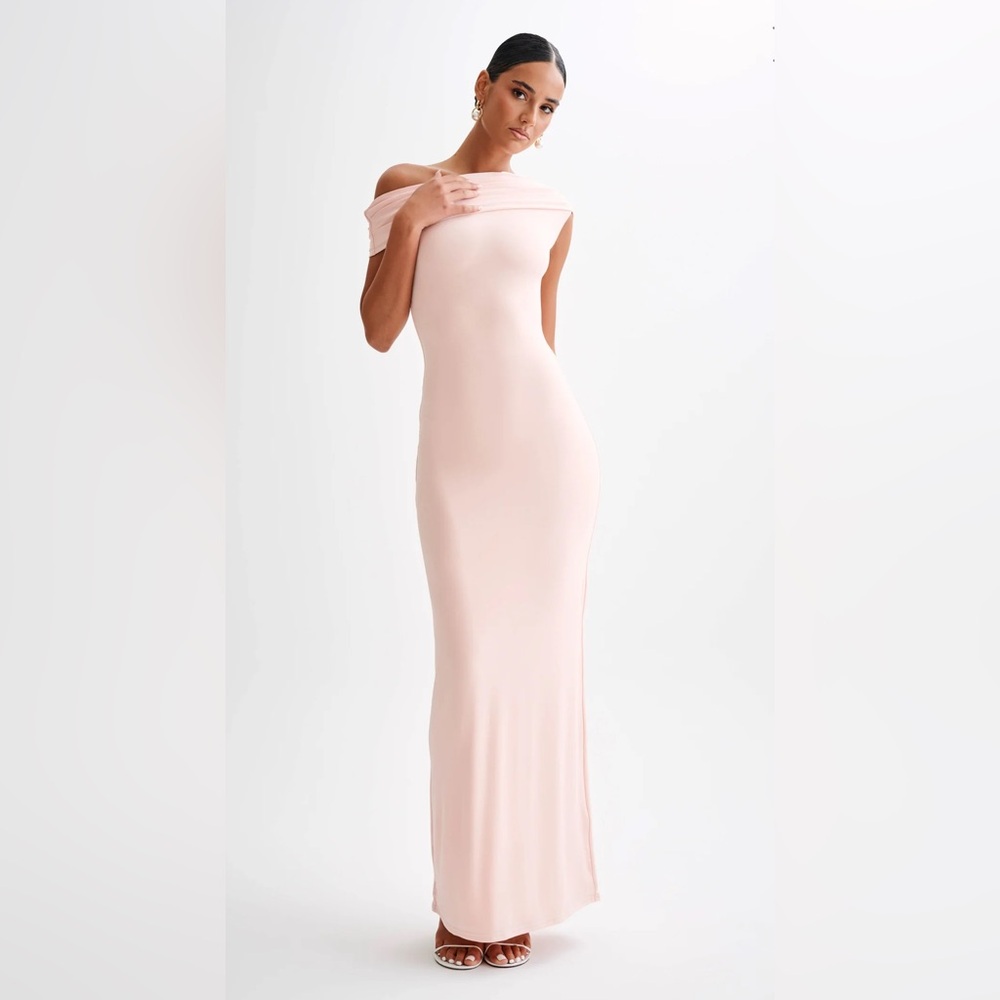 Meshki Off Shoulder Slinky Maxi Dress - Pale Pink